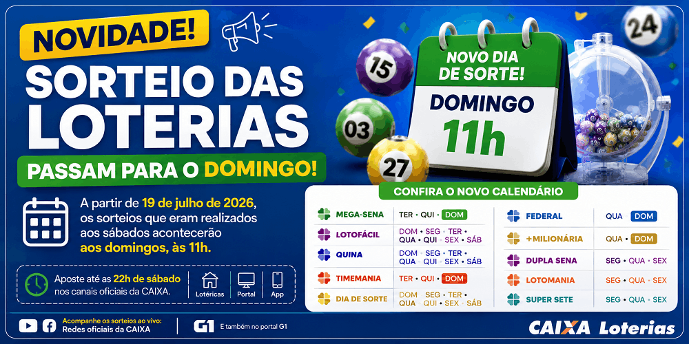 Sorteio das loterias passam para o domingo
